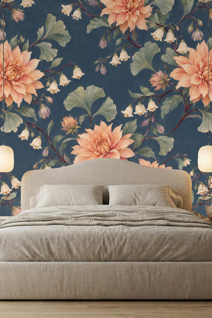 Dahlias on dusky blue wallpaper in a nursery setting with crib and cozy armchair.