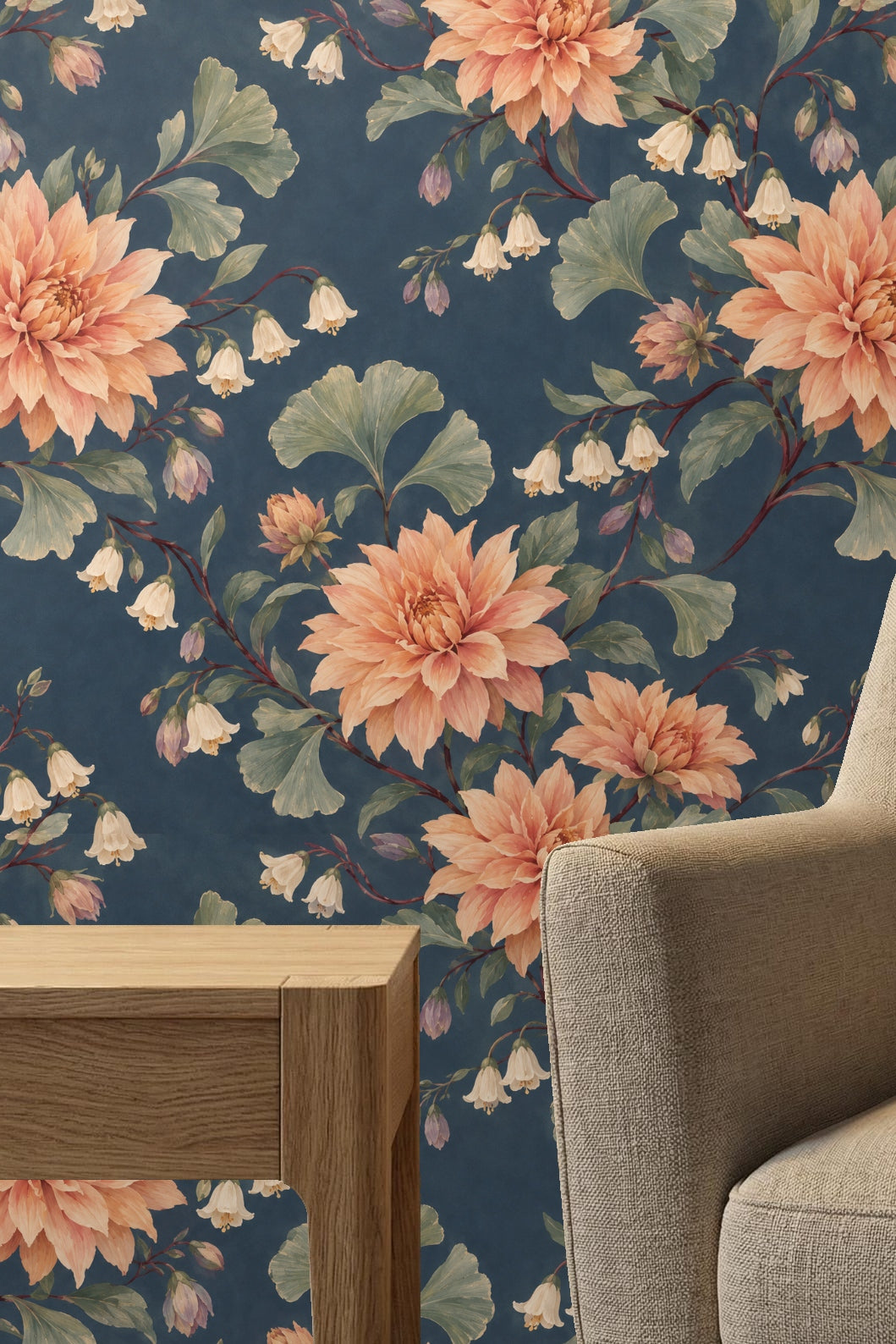 Cozy room corner with dusky dahlia wallpaper, nursery furniture, and armchair.