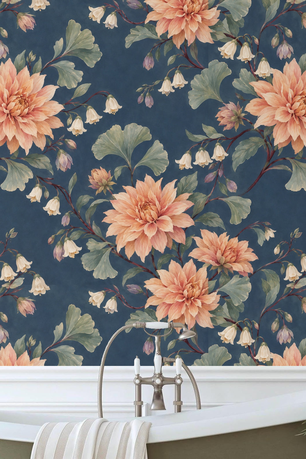 Wall detail of dusky dahlia wallpaper highlighting hand-painted texture.