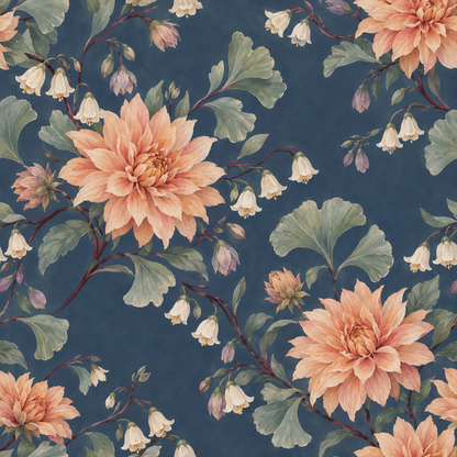 Detailed view of floral wallpaper motif showing artistic brushwork on petals and leaves.