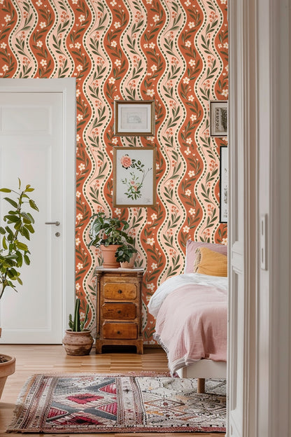 Repeating floral motifs across wavy stripes creating rhythmic pattern in warm tones