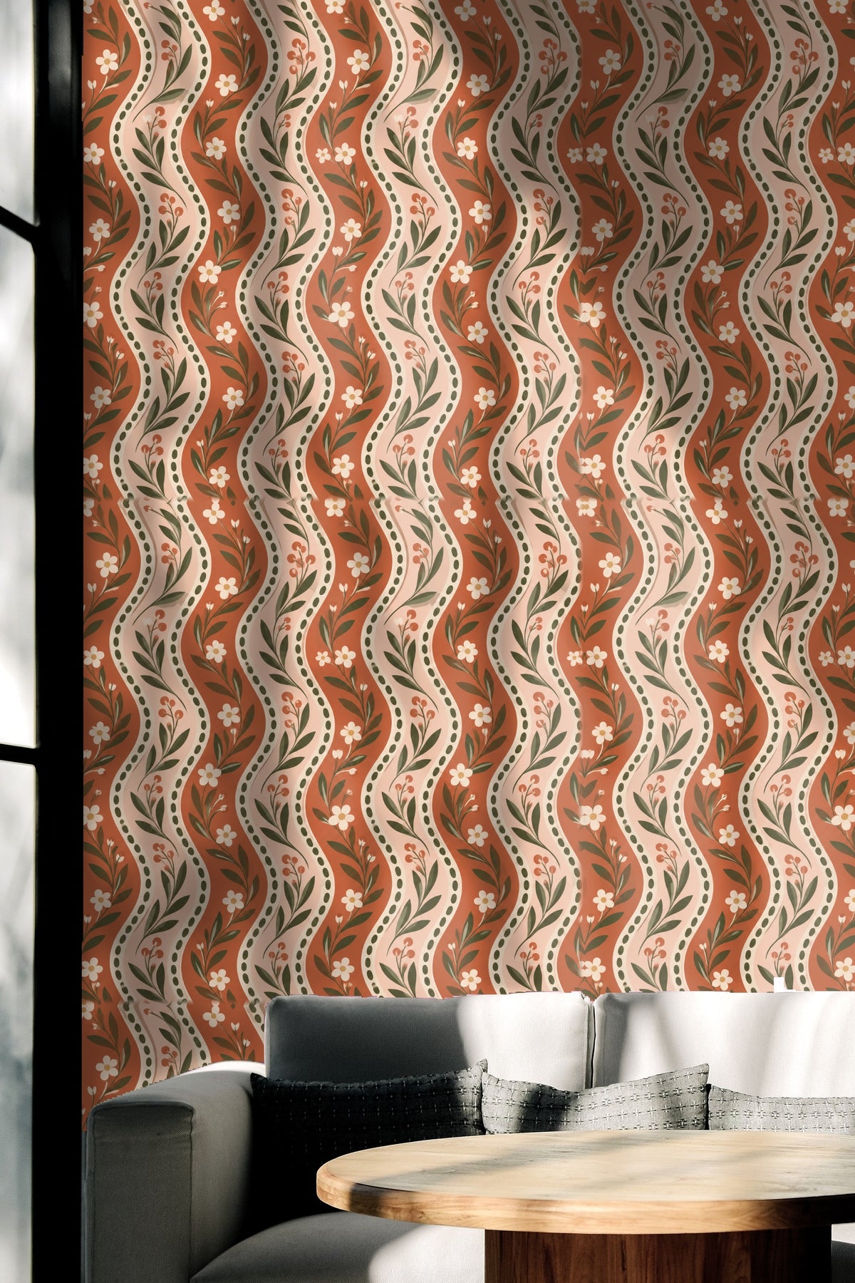 Rustic Blooms Wave wallpaper coordinating with natural wood furniture in living space