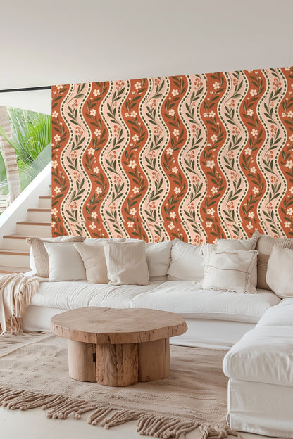 Rustic Blooms Wave wallpaper shown in bedroom with wooden headboard and nightstand