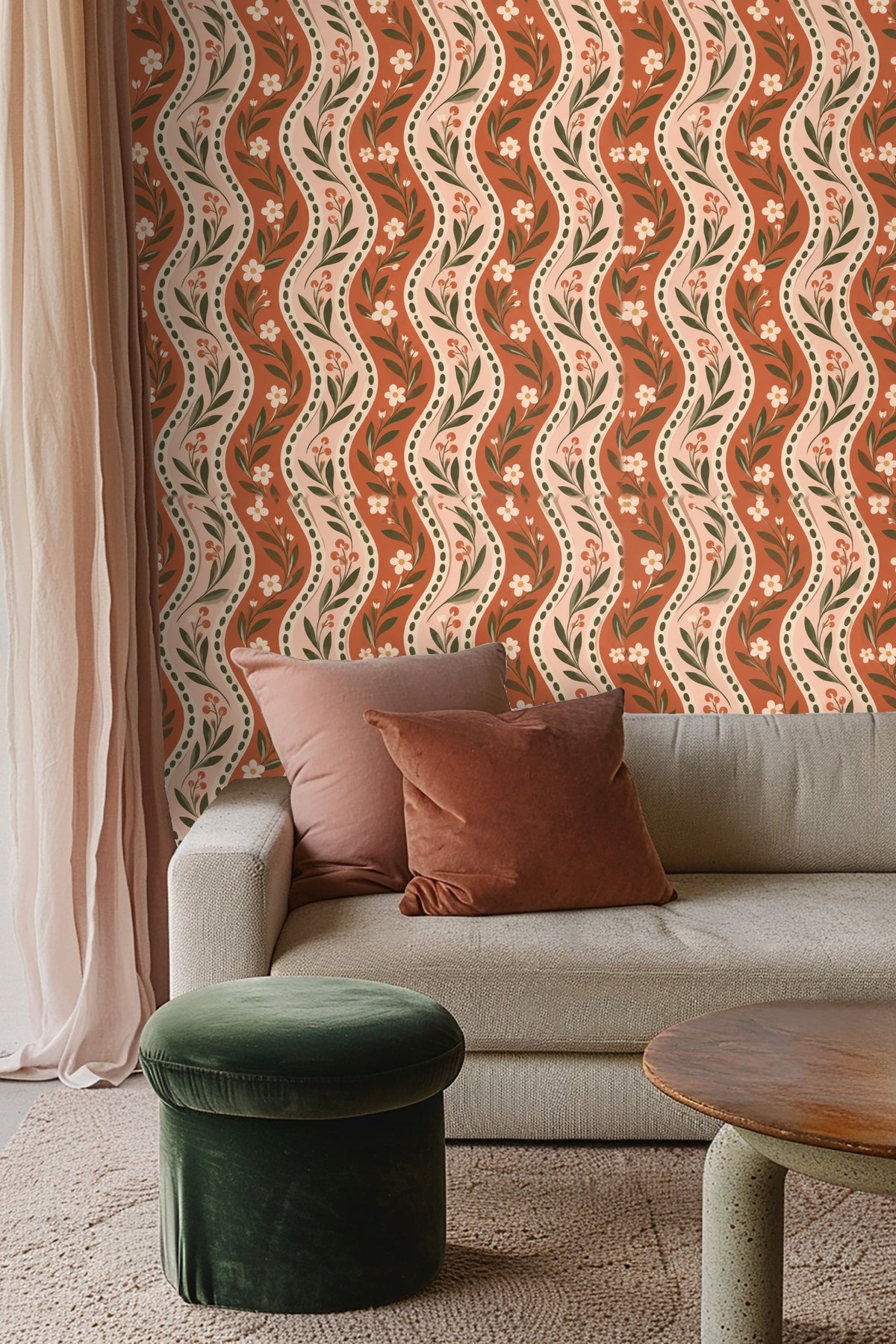 Olive green leaves with hand-painted texture along curved lines of wallpaper