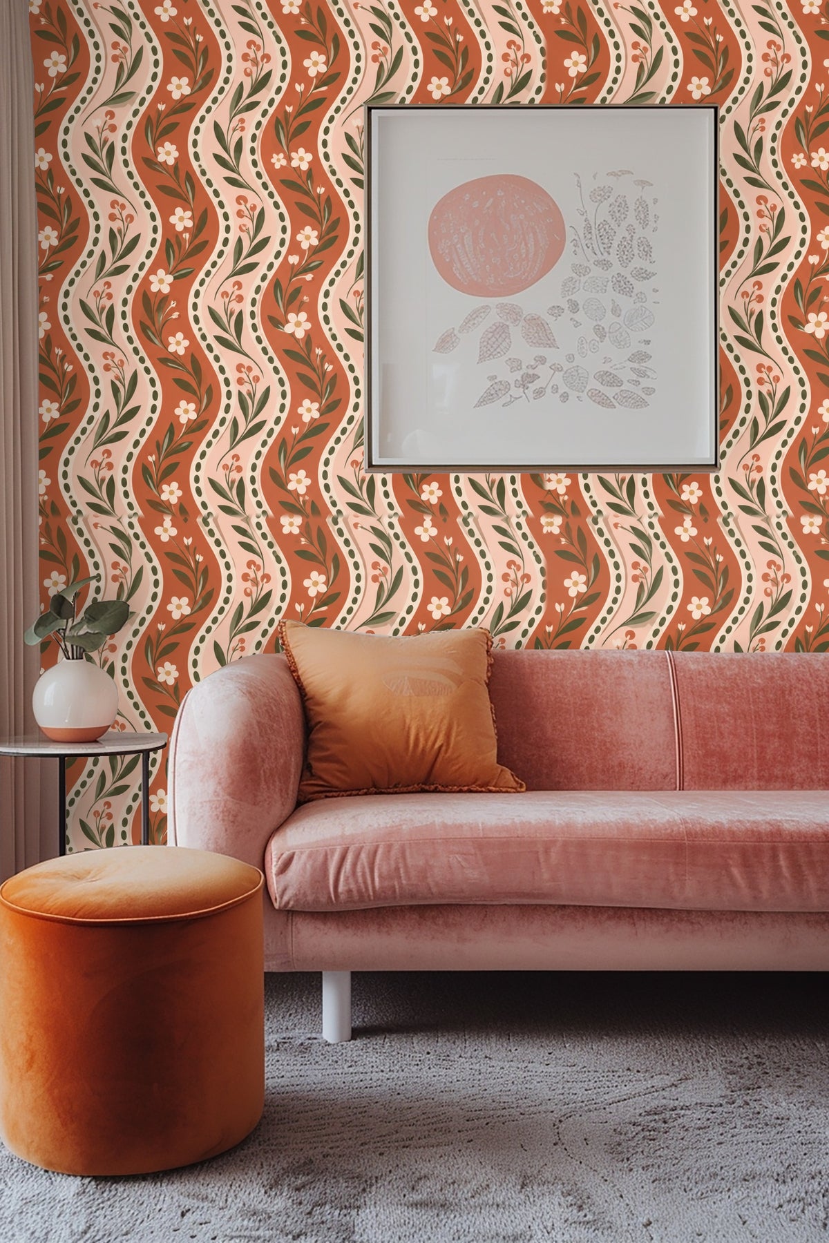 Segment of wallpaper showing dotted border between terracotta and dusty pink stripes