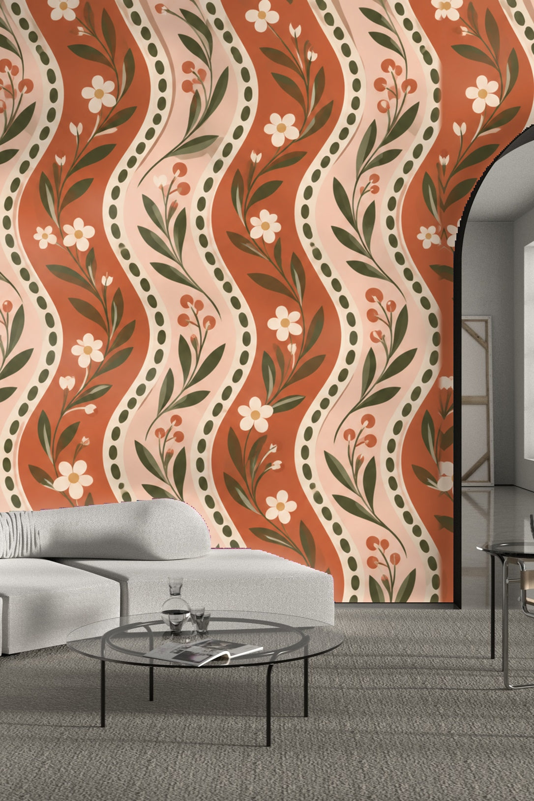 Cluster of small flowers and berries along wavy stripe in wallpaper