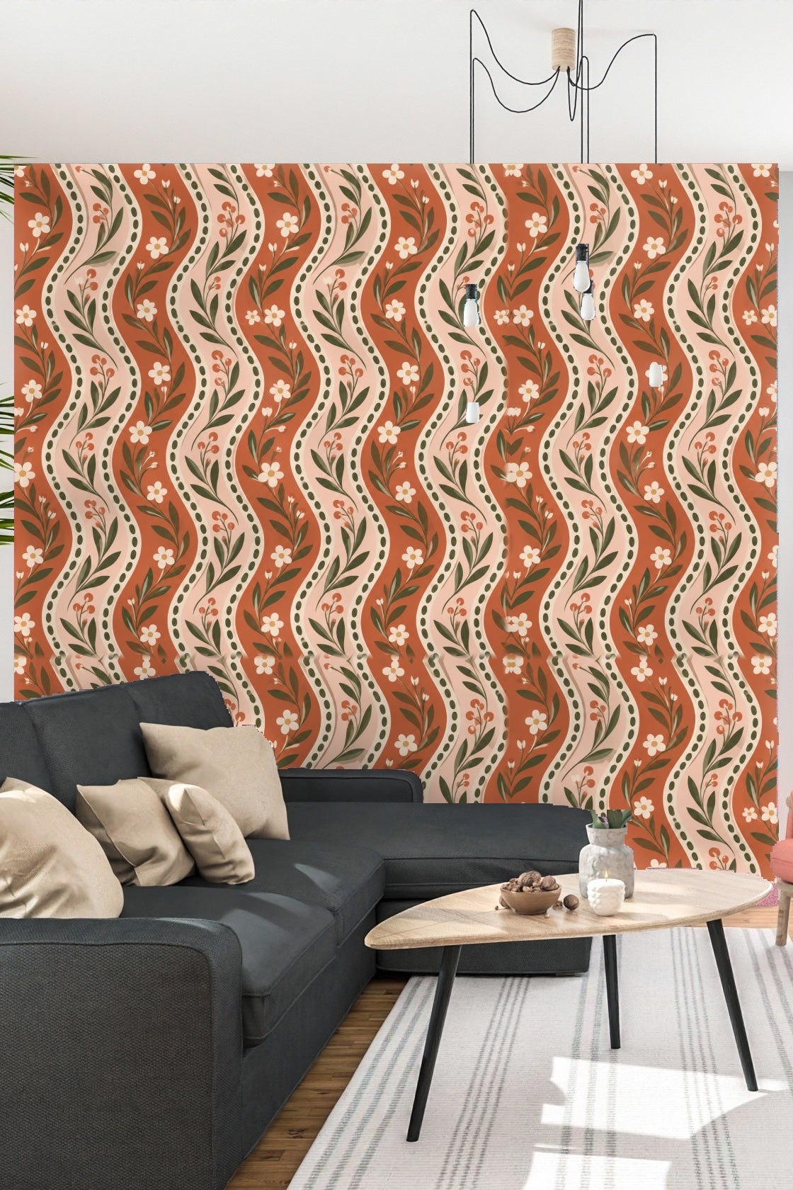 Wallpaper's soft brush stroke style evident in leaf details and flower outlines