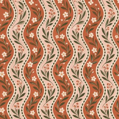 Overall wallpaper repeat showing balanced placement of floral elements on flowing wavy stripes