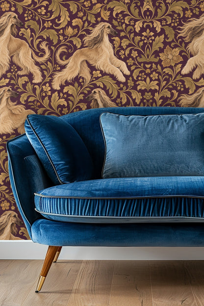 Close-up of Afghan hound in golden hues with flowing mane integrated in baroque style floral wallpaper