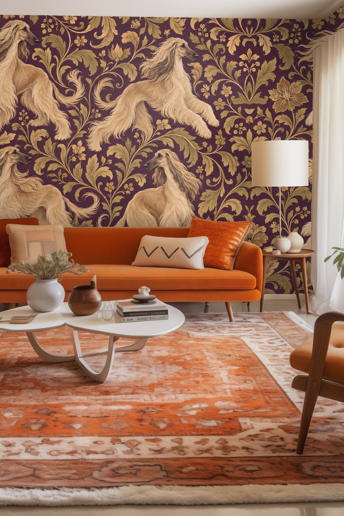 Wallpaper pattern showing golden Afghan hounds with flowing fur and ornate golden botanical scrolls on plum background