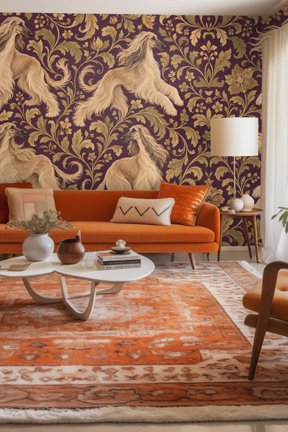 Wallpaper pattern showing golden Afghan hounds with flowing fur and ornate golden botanical scrolls on plum background