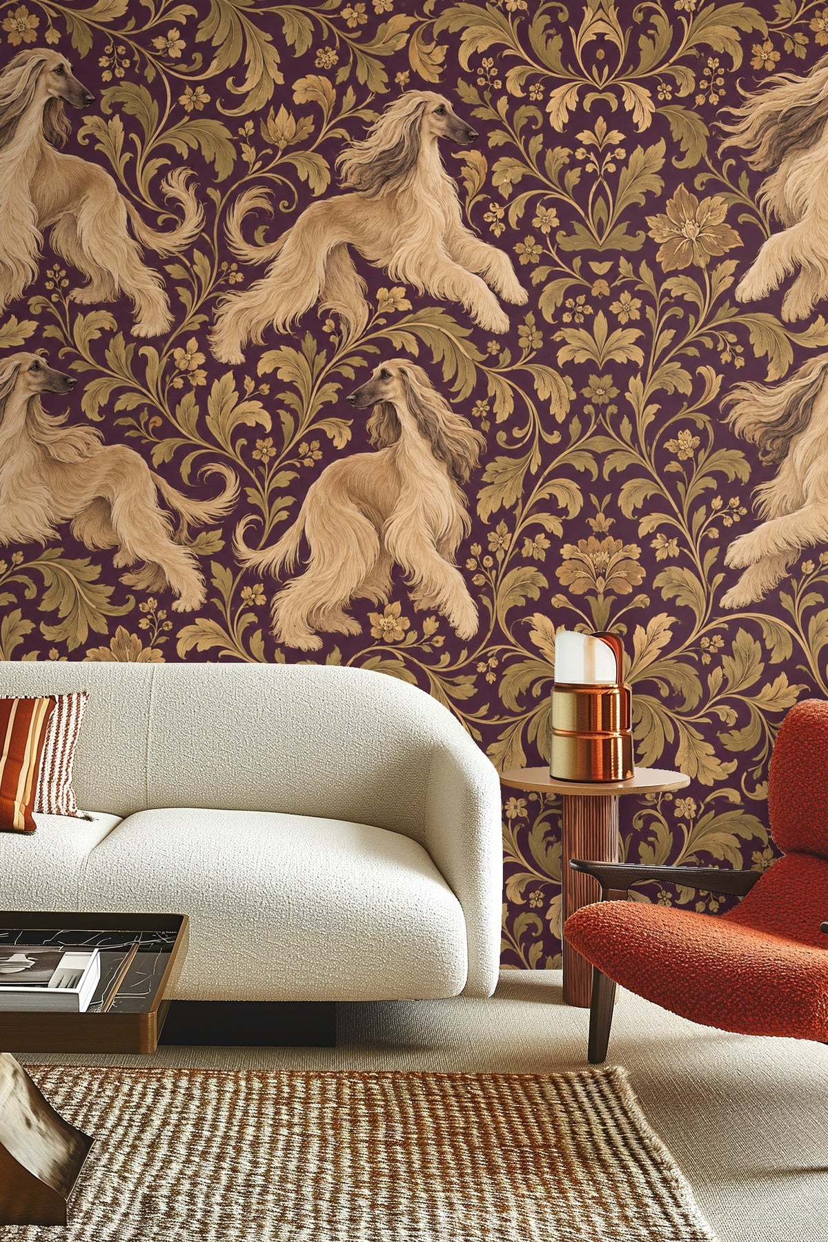 Close-up of Afghan hound motif with flowing fur detail and stylized botanical elements