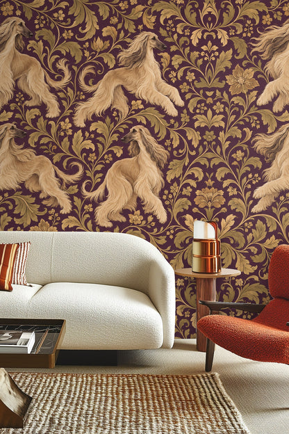 Close-up of Afghan hound motif with flowing fur detail and stylized botanical elements