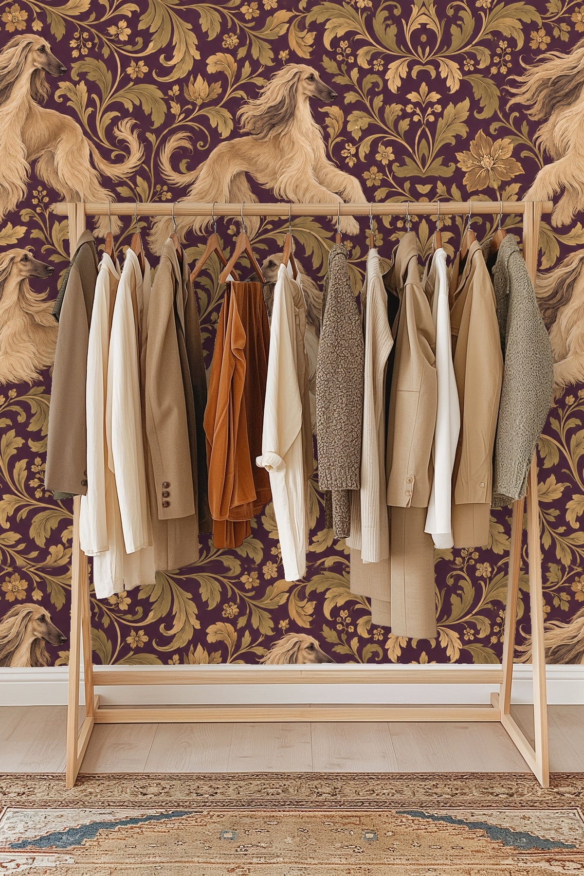 Golden botanical scrollwork detail on mauve-purple background