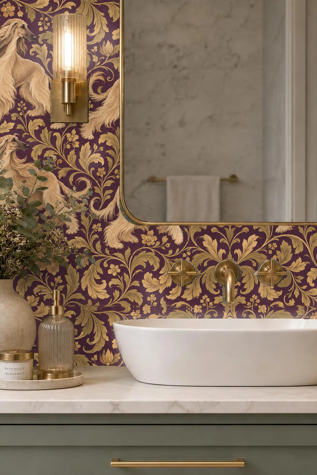 Living room featuring sofa with Imperial Afghan Scroll wallpaper in rich purple and gold behind it