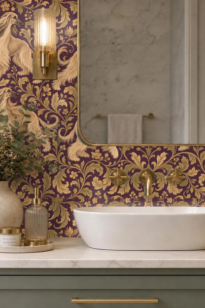 Living room featuring sofa with Imperial Afghan Scroll wallpaper in rich purple and gold behind it