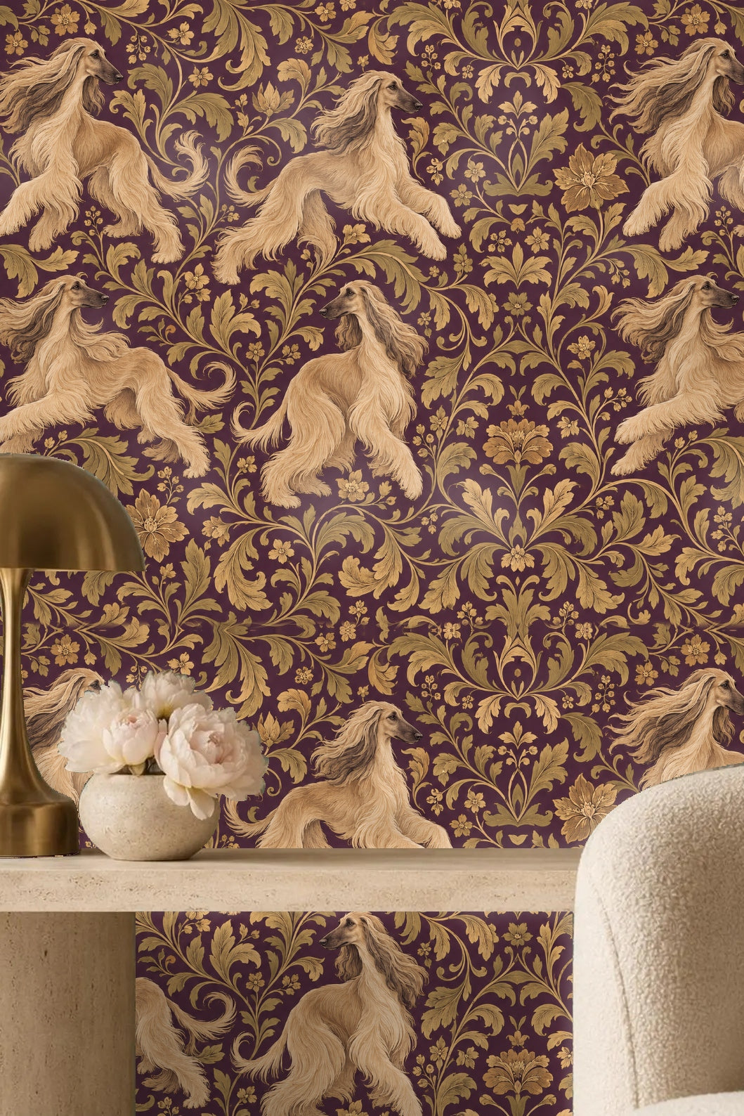 Section of wallpaper showing swirling golden leaves and small flowers on rich plum background