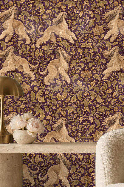 Section of wallpaper showing swirling golden leaves and small flowers on rich plum background