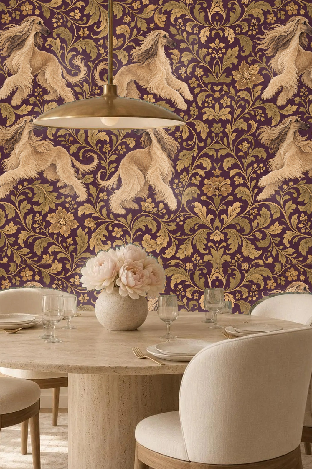 Room setting highlighting wallpaper with repeated dynamic Afghan dog figures and botanical scrolls