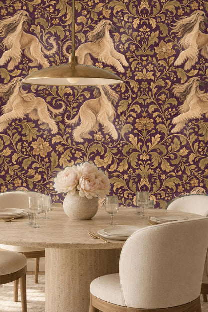 Room setting highlighting wallpaper with repeated dynamic Afghan dog figures and botanical scrolls