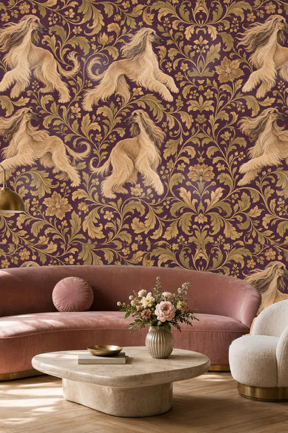 Natural light on purple and gold leaf wallpaper pattern