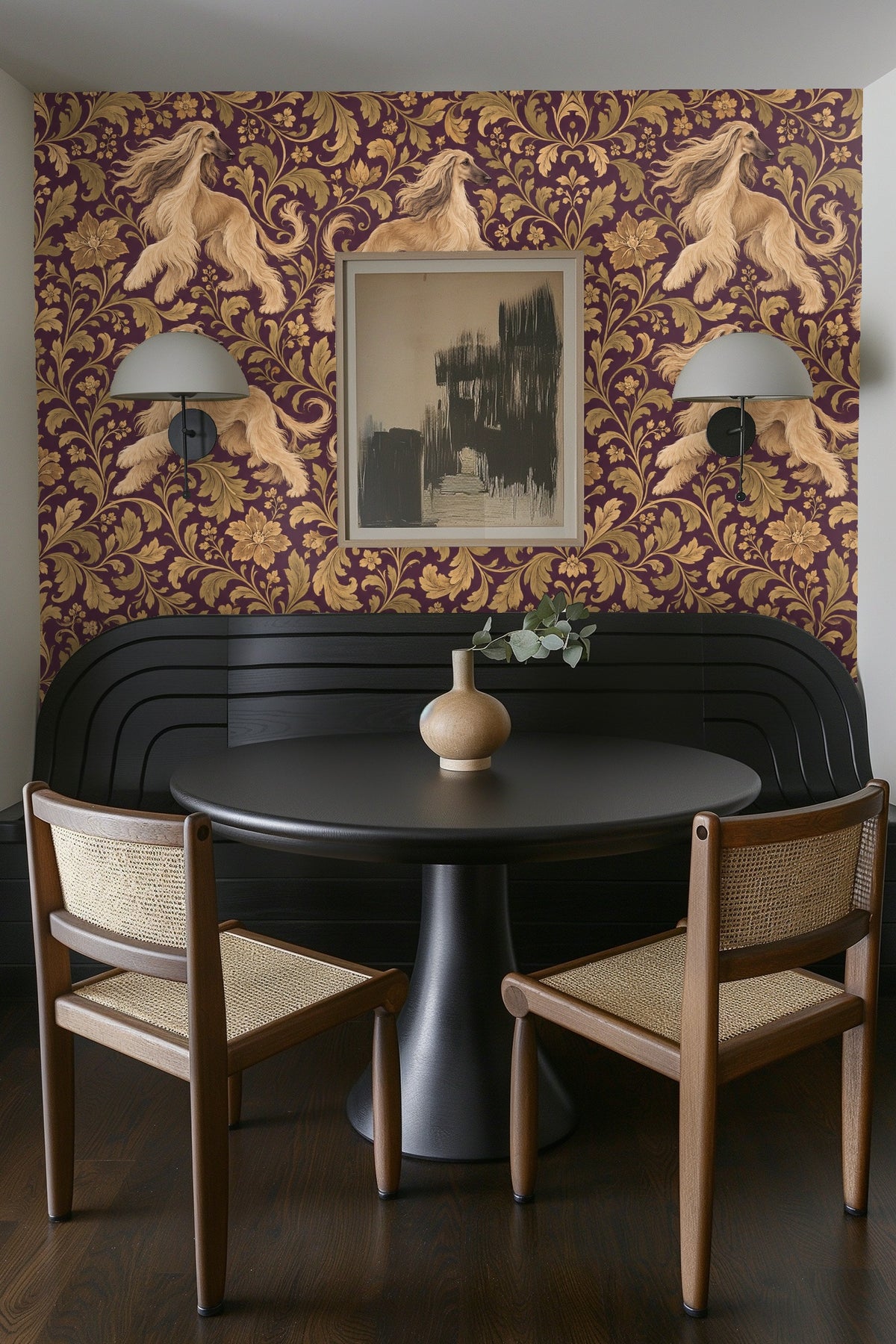 Soft plum-purple wallpaper background with intricate golden foliage
