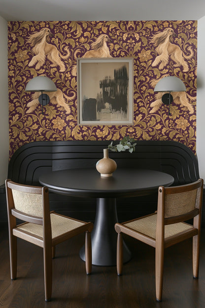 Soft plum-purple wallpaper background with intricate golden foliage