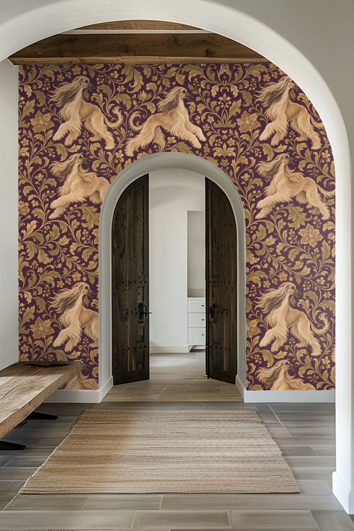 Laundry room with wooden countertop and shelves decorated with wallpaper featuring golden Afghan hounds and ornamental gold leaves on plum