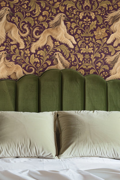 Bathroom close-up of mauve Afghan Scroll wallpaper with gold foliage and hounds around mirror and sink