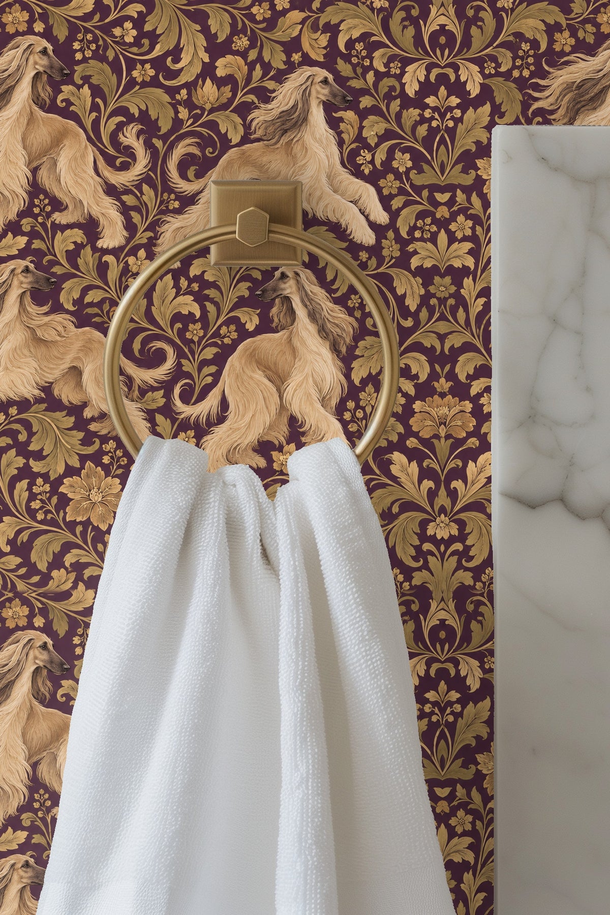 Detail of jumping golden Afghan hound surrounded by stylized floral motifs on plum wallpaper