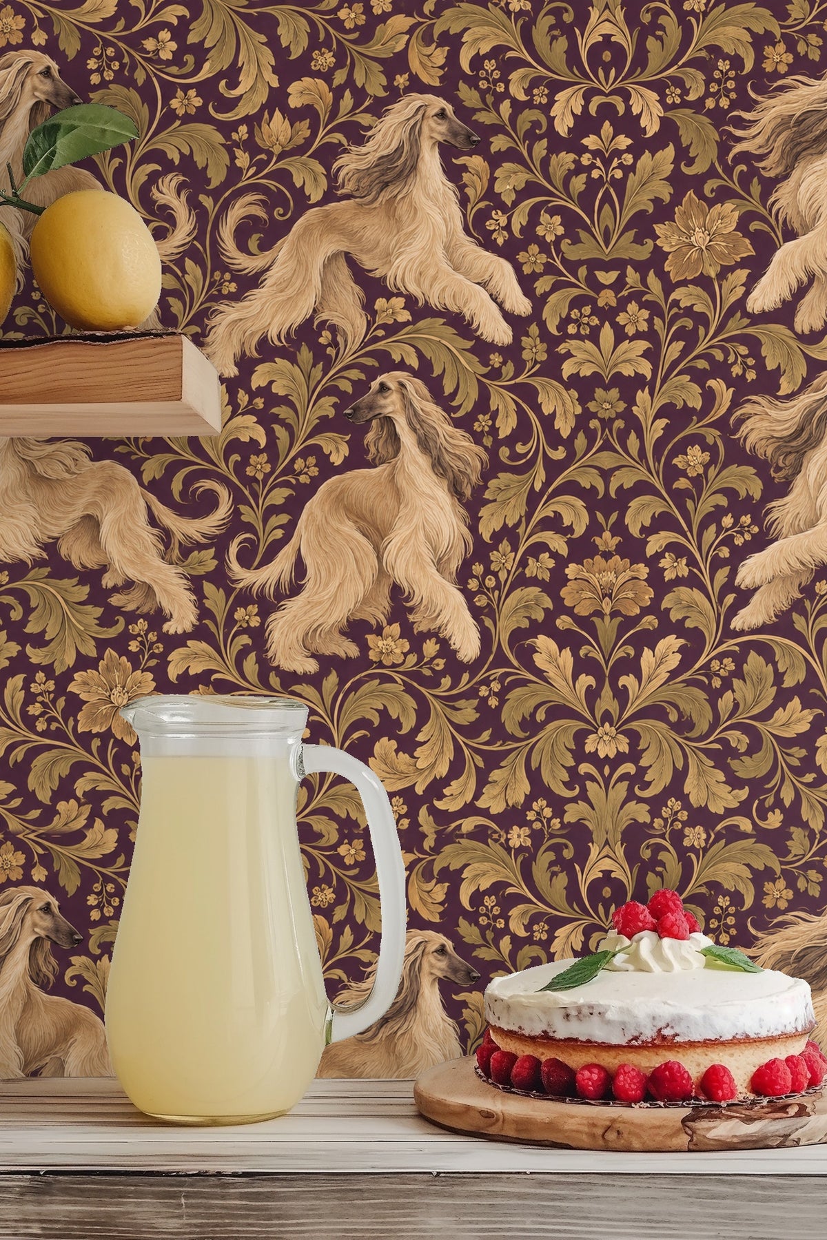 Full view of wallpaper wall showing full scale floral and animal pattern