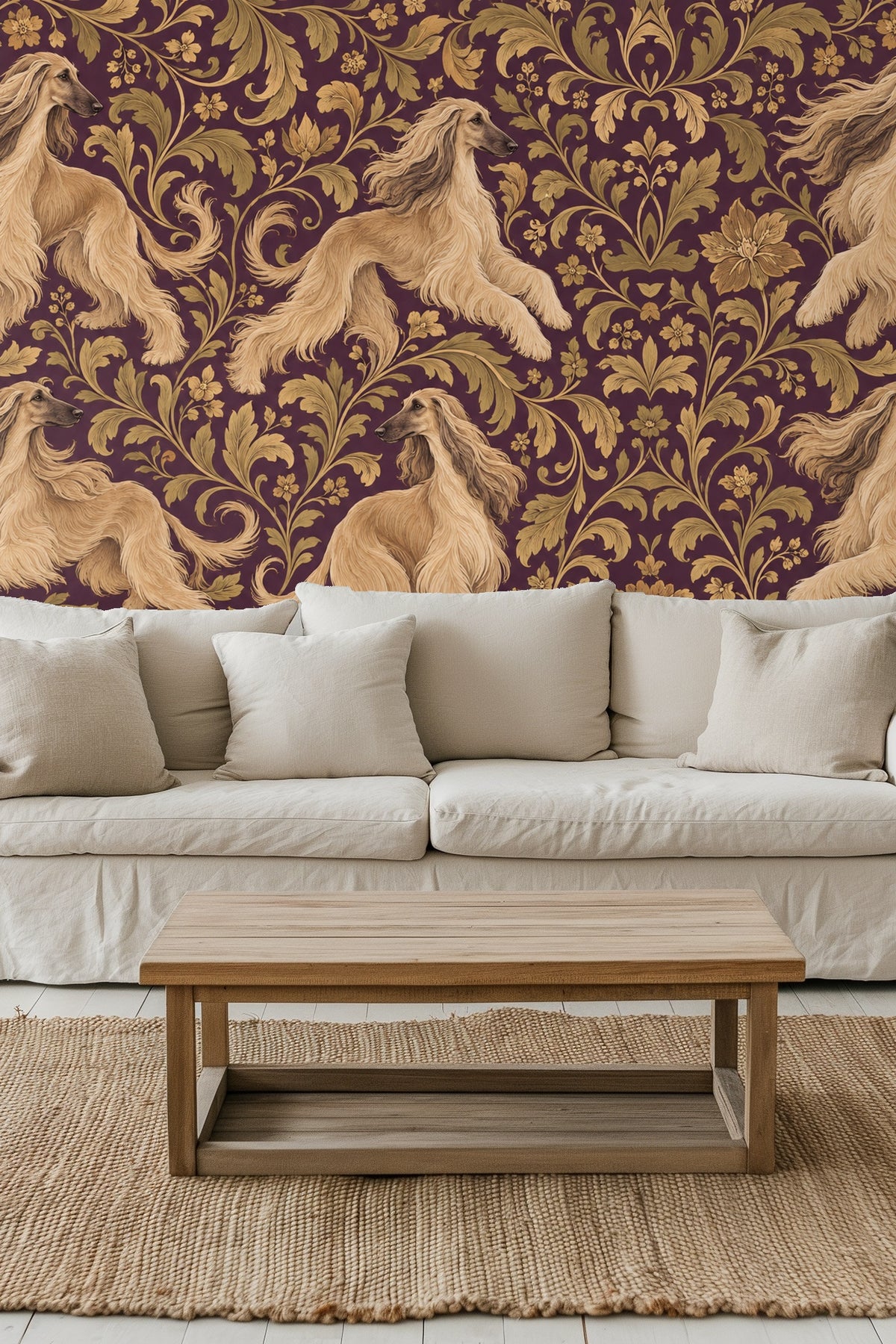 Detailed pattern of elegant Afghan hounds in golden tones with floral scrolls on purple background