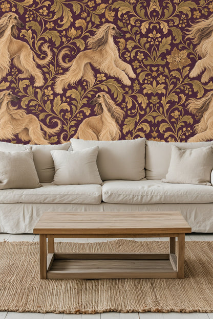 Detailed pattern of elegant Afghan hounds in golden tones with floral scrolls on purple background