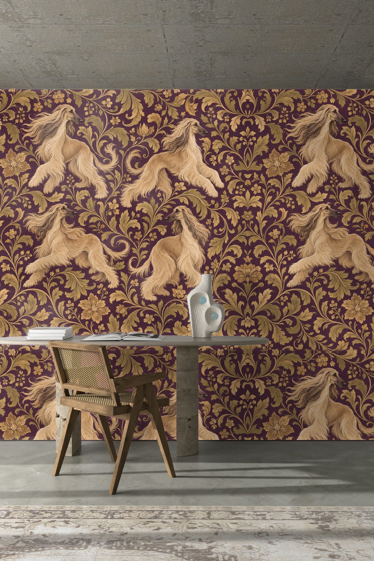 Pattern repeat of animated Afghan hounds and golden leaf flourishes on vibrant purple base