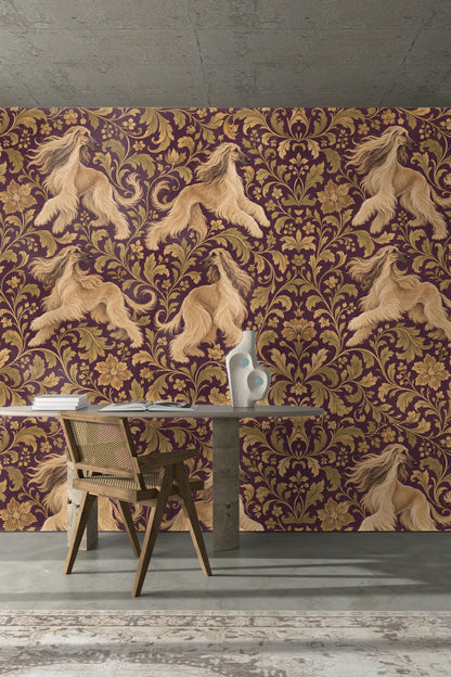 Pattern repeat of animated Afghan hounds and golden leaf flourishes on vibrant purple base