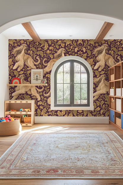 Ornate gold floral patterns with delicate blossoms on plum wallpaper field