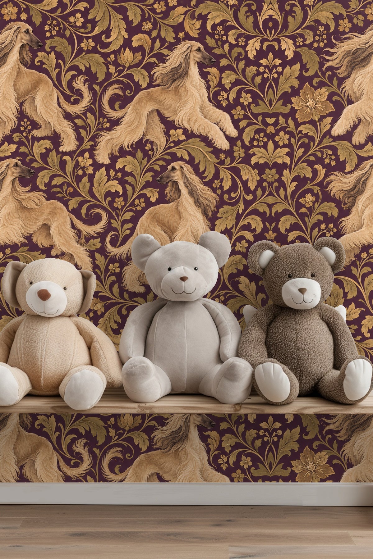 Pattern repeat showing four poised Afghan hounds amid swirling floral motifs