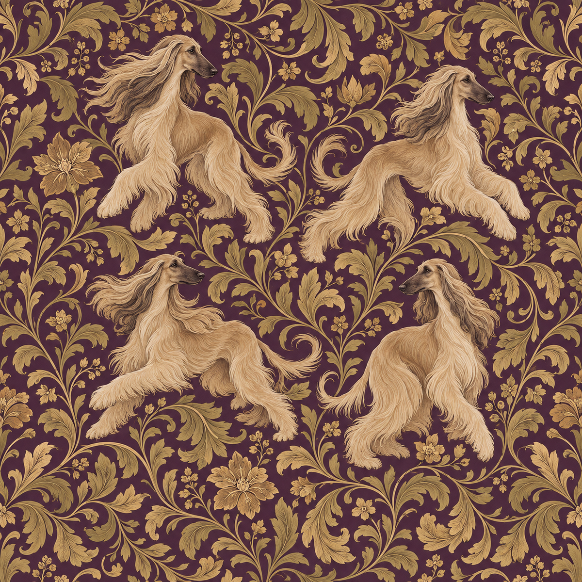 Close zoom on textured brushstroke style Afghan dogs with baroque-inspired floral vines on dark plum background