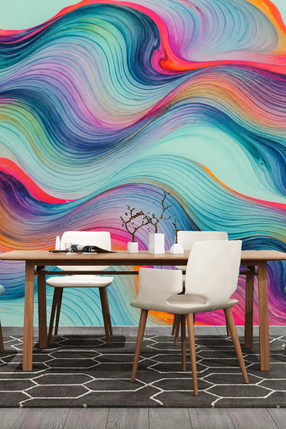 Living space with geometric tile flooring and vibrant colorwave flow wallpaper on the wall.