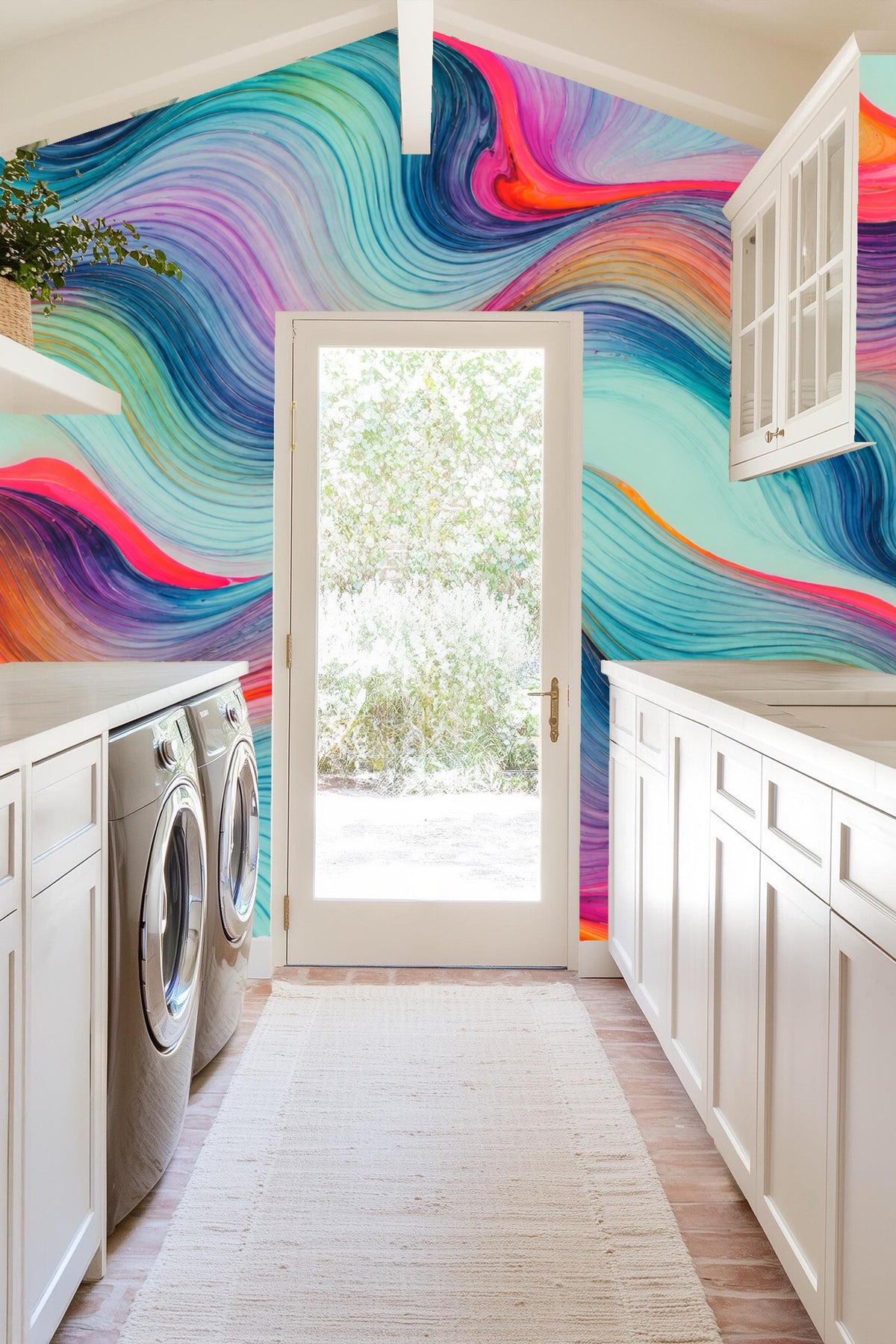 Soft aqua wall base with expressive, multicolored, textured ribbons in motion.