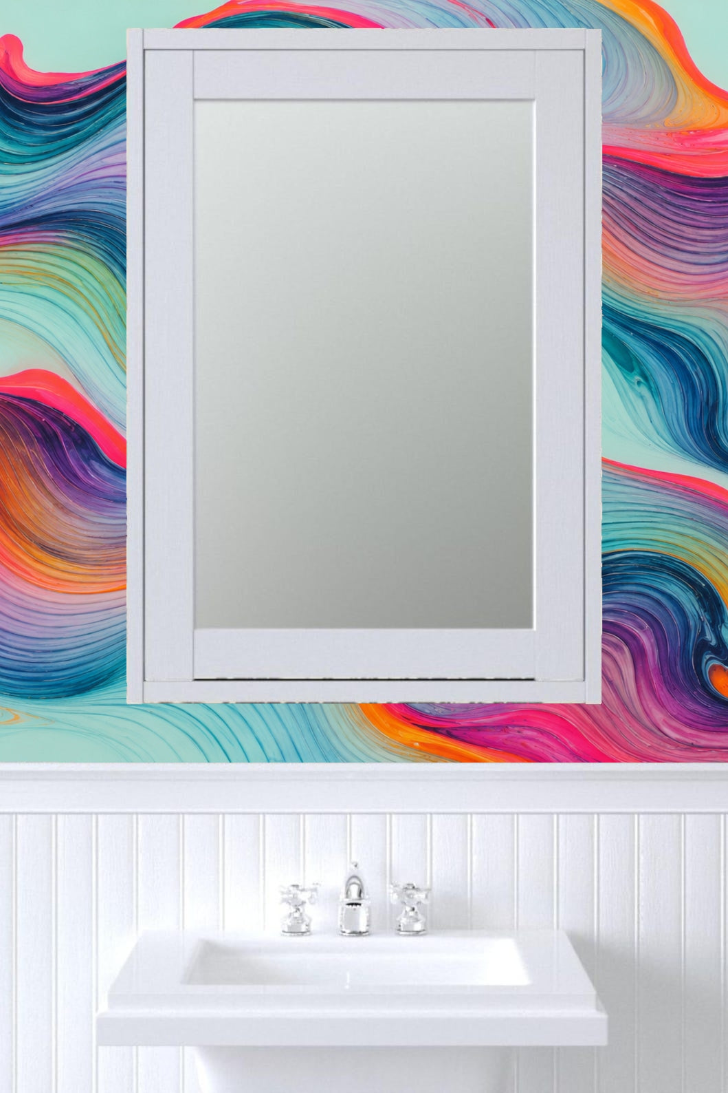 Playful child's room with vivid, multicolor flowing ribbon wallpaper feature wall.