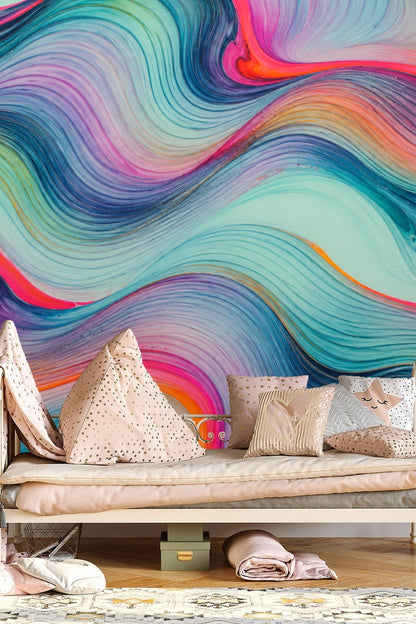 Interior detail with colorwave flow wallpaper wrapping smoothly around corner walls.
