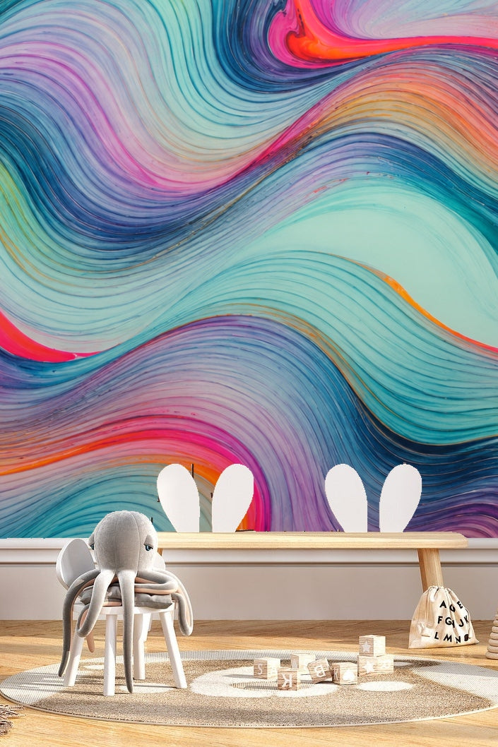 Decorative scene showing wall art framed against the colorful ribbon wallpaper.