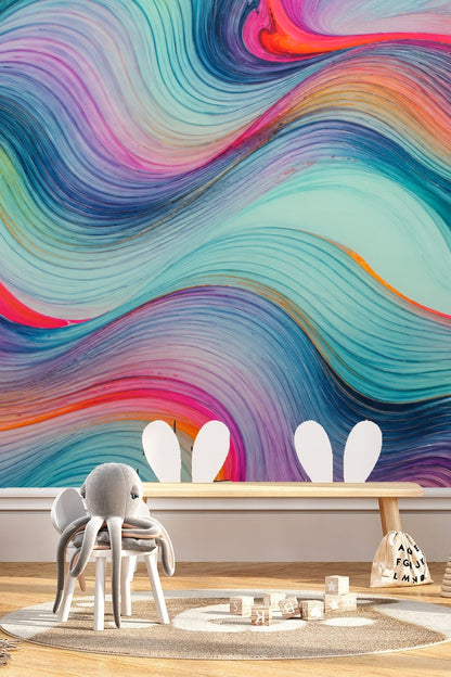 Decorative scene showing wall art framed against the colorful ribbon wallpaper.