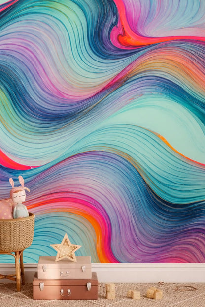 Room scene with entryway bench in front of colorful flowing ribbon wallpaper.