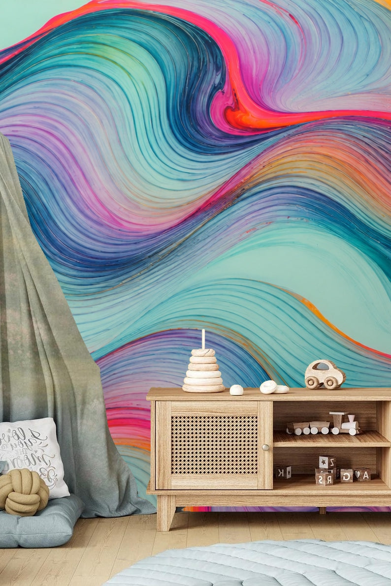 Vivid wallpaper design with harmonious yet bold color gradients and curved line patterns.