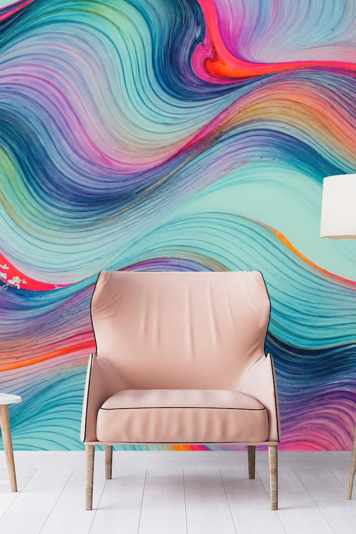 Playroom corner with colorful fluid ribbon wallpaper and toys on the floor.