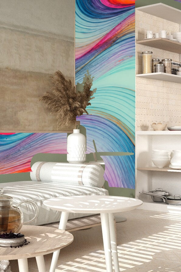Detail of bold, sweeping lines in magenta, teal, and orange against aqua background.