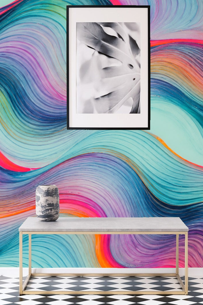 Abstract abstract wallpaper with flowing colorful swirls in teal, pink, magenta, and orange.