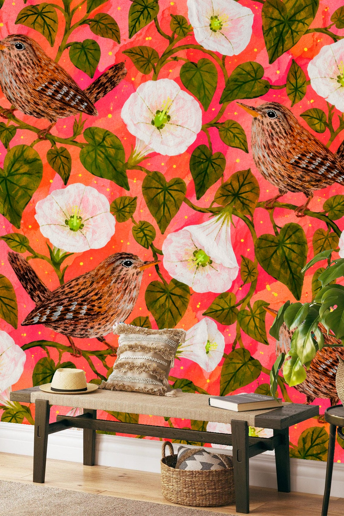 Side view of wallpaper panel showing layering of leaves, flowers, and wrens in rich warm tones.